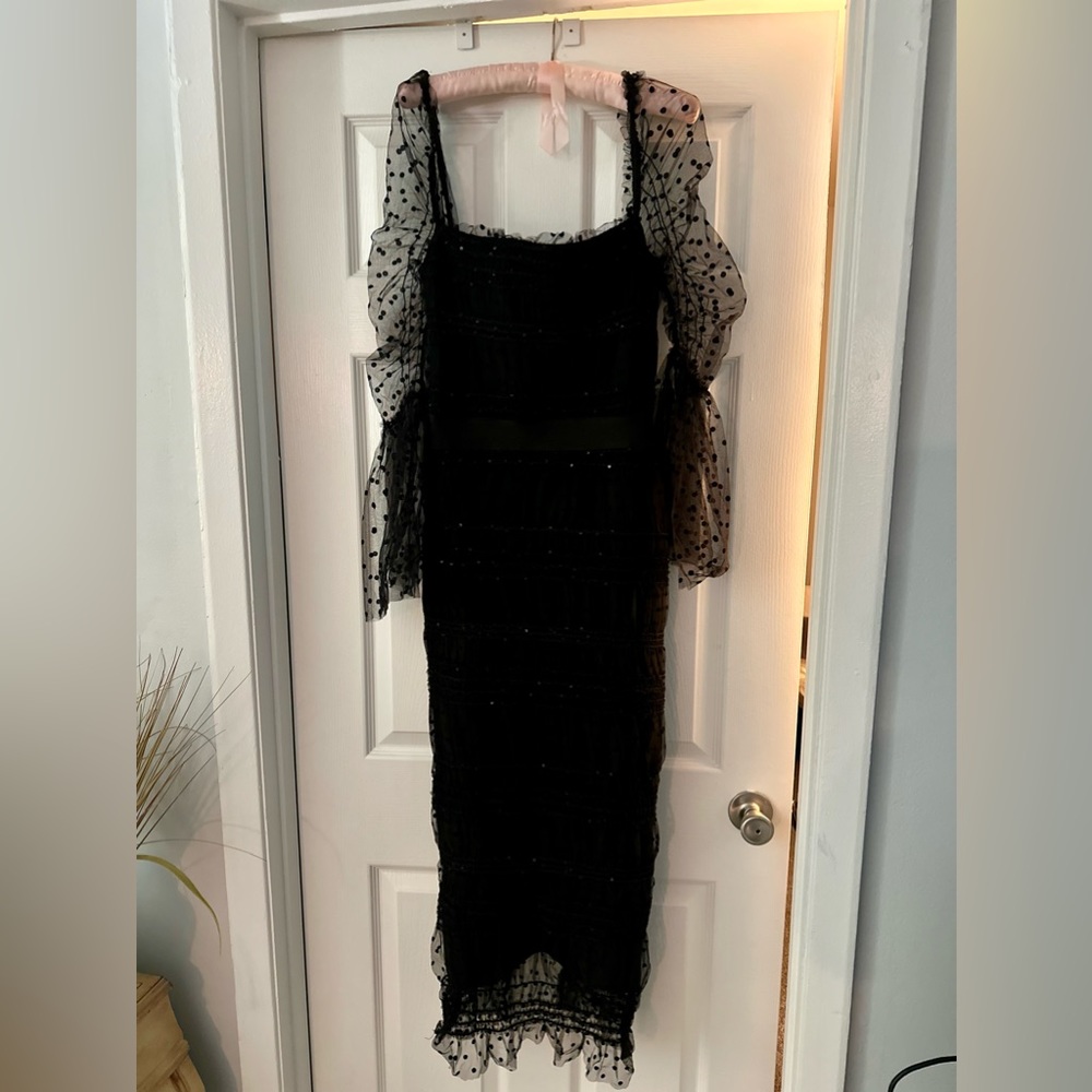 Black Midi Dress with Sheer Dotted Sleeves - Picture 3 of 10
